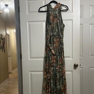 Sleeveless Printed Maxi Dress in Olive Green & Rust